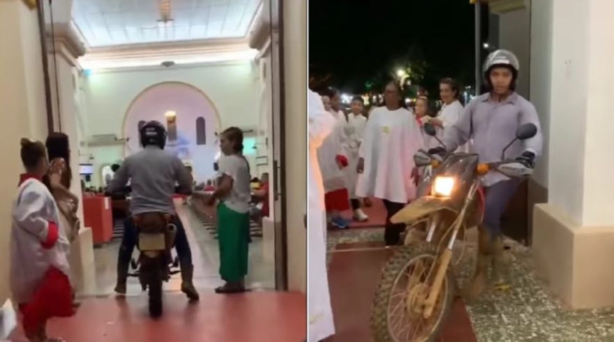 Padre entra de moto em igreja e vídeo viraliza: ‘Instrumento de evangelização’