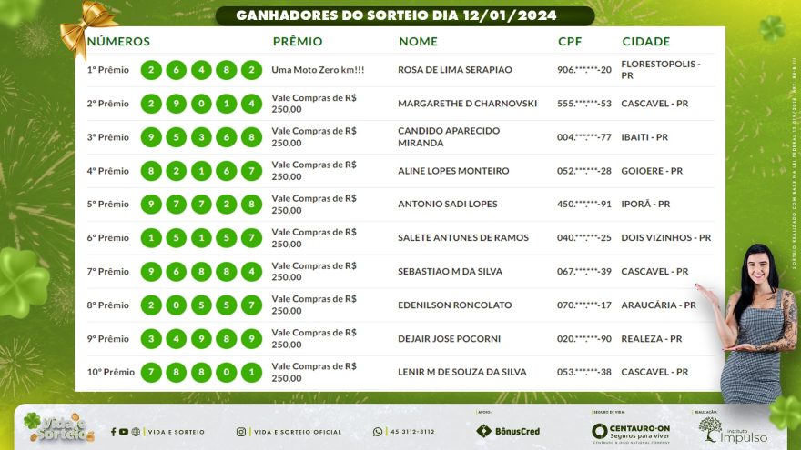 Confira os ganhadores do Vida e Sorteio desta sexta-feira