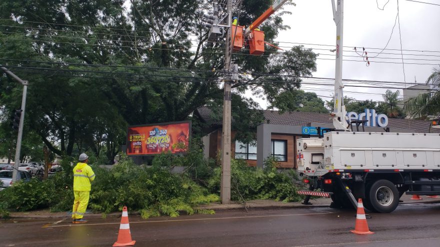 Galhos caem e ficam presos na fiação elétrica, deixando parte do Bairro Neva sem luz e trânsito um caos