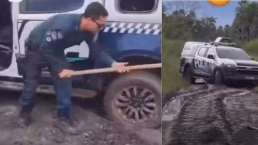 Sufoco: viatura da PM atola e policial é forçado a cavar para seguir viagem