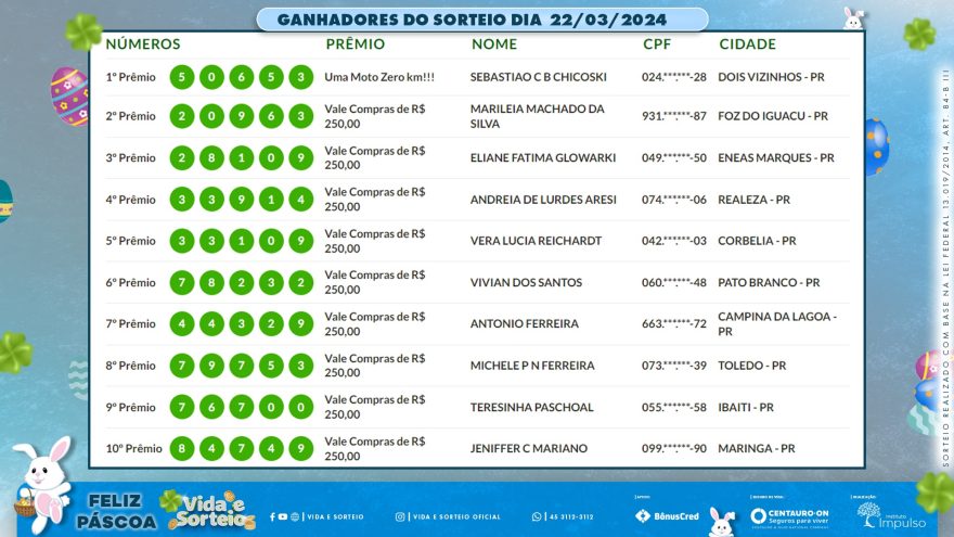 Confira os ganhadores do Vida e Sorteio desta sexta-feira