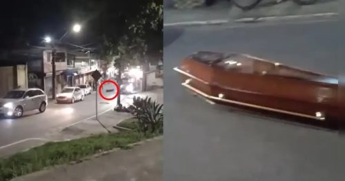Caixão com corpo cai de carro funerário e fica no meio da rua Imagem referente a Caixão com corpo cai de carro funerário e fica no meio da rua