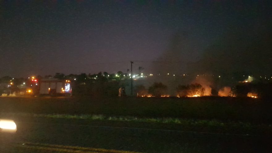 Bombeiros combatem incêndio em vegetação às margens da rodovia BR-277