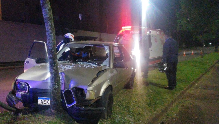 Motorista embriagado e passageiro ficam feridos após colisão contra árvore na Rua Olindo Periolo
