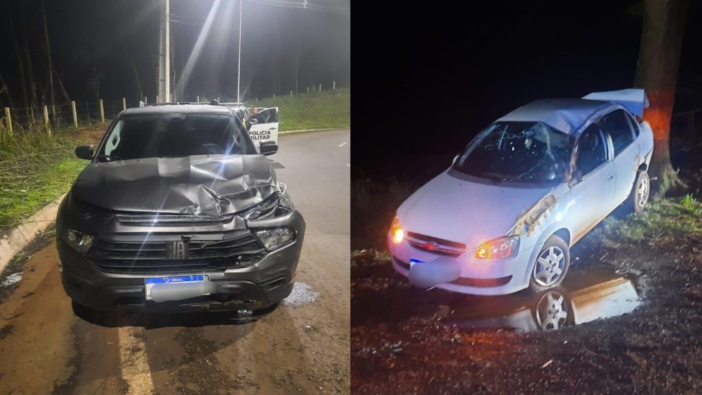 Mulher fica ferida após Classic capotar em colisão na PR-180; condutor de Fiat Toro é preso por embriaguez