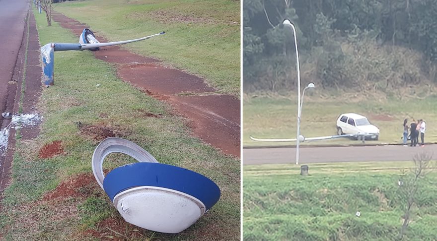 Fiat Uno derruba poste de iluminação na Região do Lago