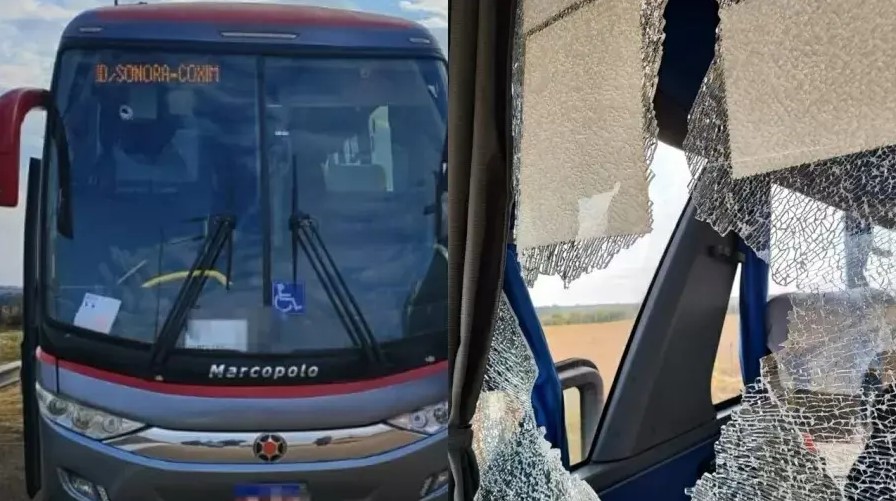 Peça cai de carreta, entra por para-brisa de ônibus e atinge criança