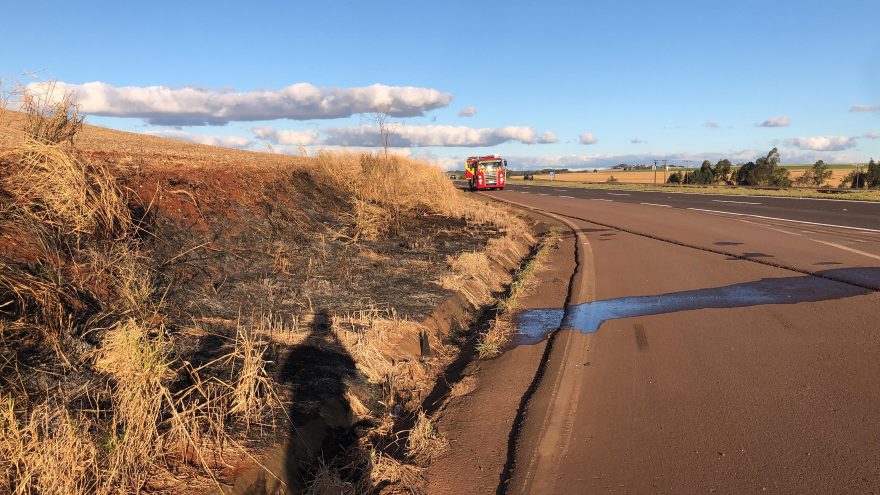 Corpo de Bombeiros combate incêndio às margens da BR-163 em Cascavel