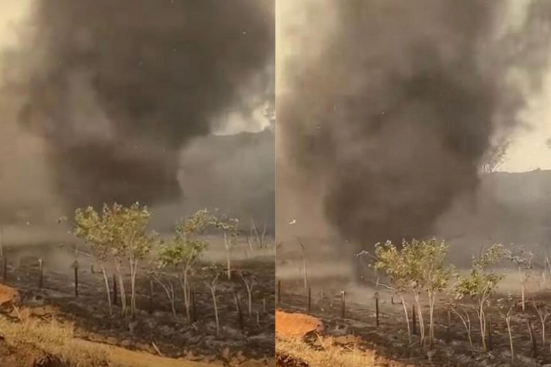 Redemoinho de fumaça surge em meio a queimadas no interior