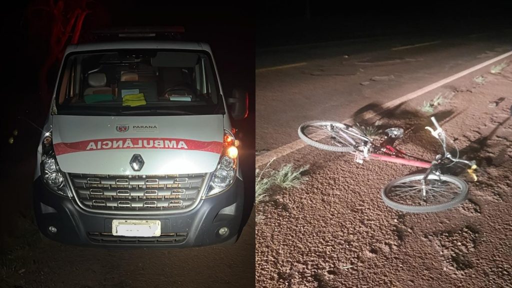 Acidente entre ambulância e bicicleta deixa um ferido na PR-182 Acidente entre ambulância e bicicleta deixa um ferido na PR-182