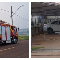 Imagem referente a Motor de Corolla pega fogo no estacionamento de prédio e Bombeiros são mobilizados