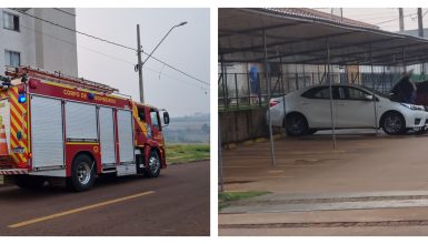 Imagem referente a Motor de Corolla pega fogo no estacionamento de prédio e Bombeiros são mobilizados