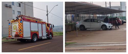 Imagem referente a Motor de Corolla pega fogo no estacionamento de prédio e Bombeiros são mobilizados