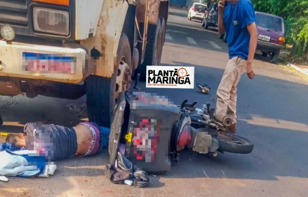 Motoboy é socorrido em estado gravíssimo após acidente com caminhão em Marialva