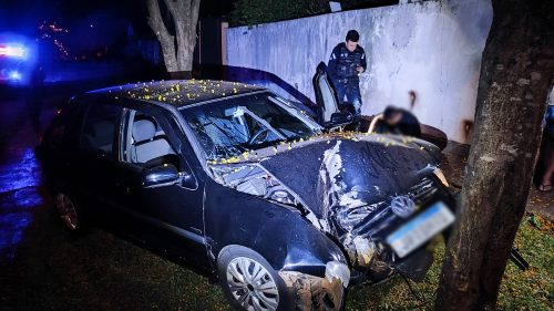 Imagem referente a Condutor fica ferido ao colidir Gol em árvore no Jardim Alvorada