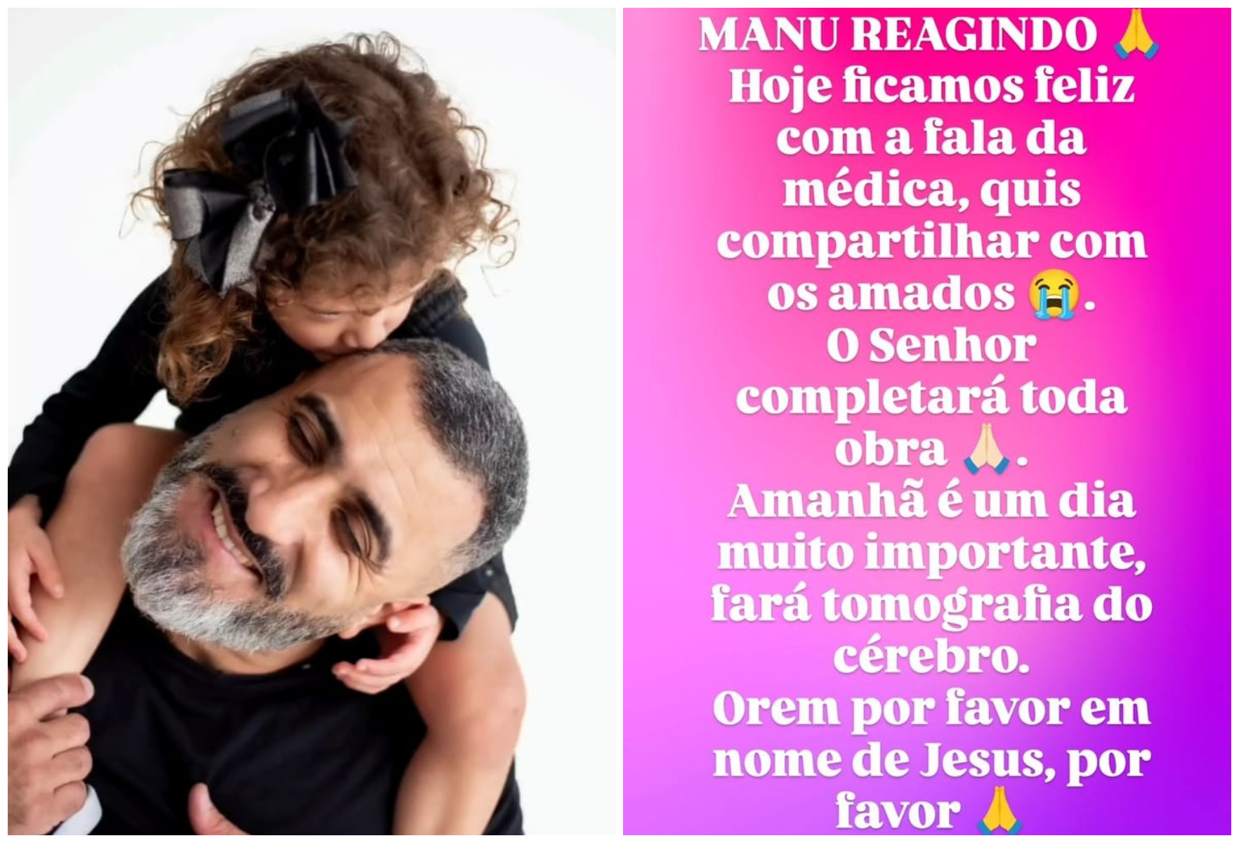 Manu reagindo! Pai pede orações para Manuela que fará tomografia do cérebro nesta sexta-feira Manu reagindo! Pai pede orações para Manuela que fará tomografia do cérebro nesta sexta-feira
