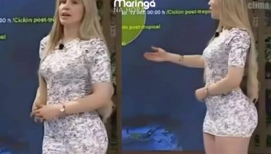 Imagem referente a Garota do tempo usa vestido curto em cobertura sobre furacão Milton e viraliza
