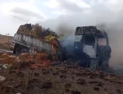 Imagem referente a Incêndio devora caminhão de vegetais na BR-222