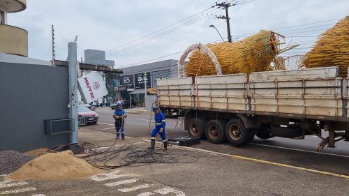 Imagem referente a Capivara perdeu a cabeça: Caminhão com decoração natalina se enrosca em fios de energia na Rua Paraná