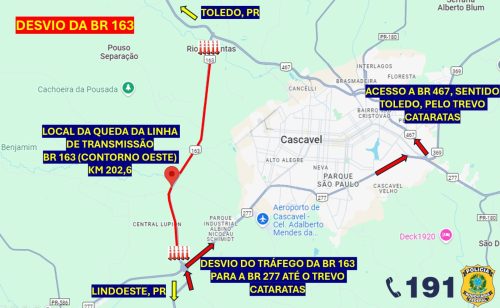 Imagem referente a Queda de torre de energia interrompe trânsito na BR-163: veja as rotas alternativas