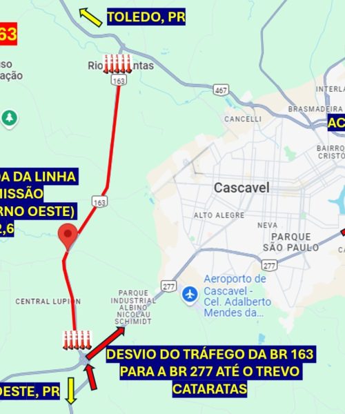 Imagem referente a Queda de torre de energia interrompe trânsito na BR-163: veja as rotas alternativas