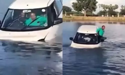 Imagem referente a Conhece? Aprendiz de motorista confunde pedais e afunda carro de autoescola em lago