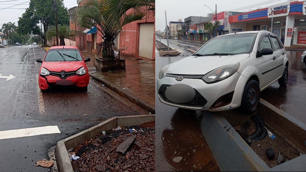 Carros sobem em canteiro na Av. Carlos Gomes em Cascavel