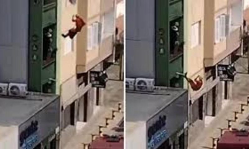 Vídeo mostra momento em que Bombeiro cai durante resgate de homem em surto