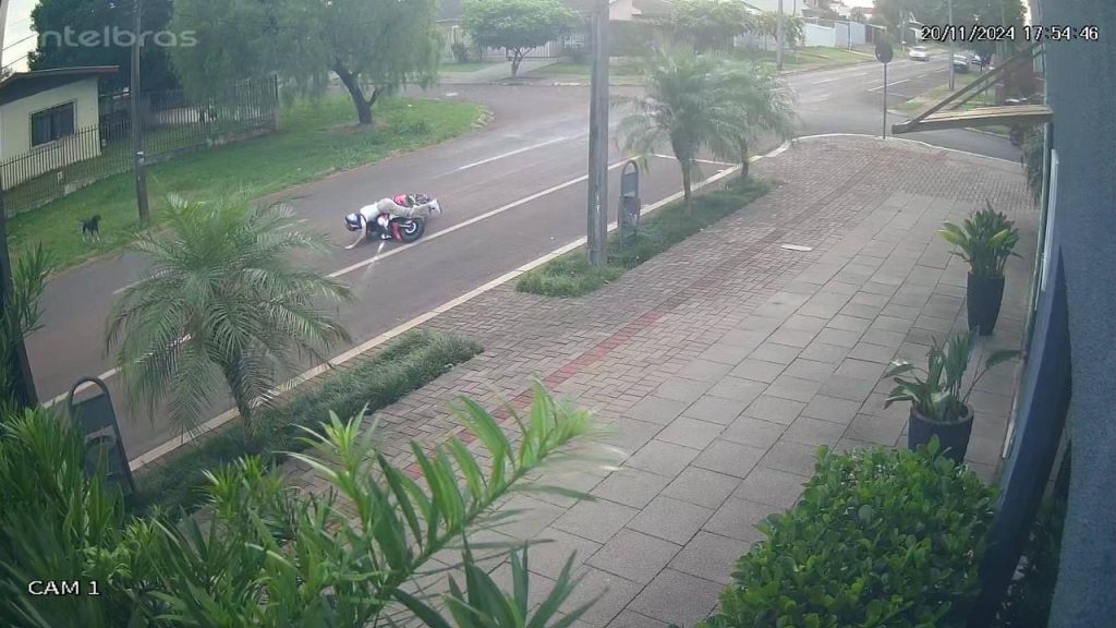 Câmera de segurança flagra motociclista caindo após tentar desviar de cachorro