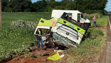 Imagem referente a Caminhão capota e espalha cacos de vidro na rodovia PR-488