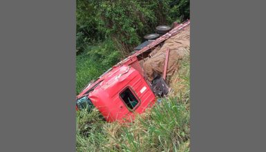 Imagem referente a Motorista escapa ileso após caminhão tombar em barranco na BR-163