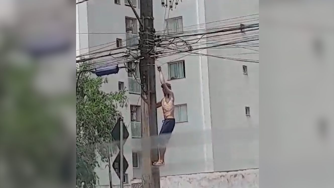 Em plena luz do dia, ladrão corta cabos da rede de telefonia com faquinha de serra