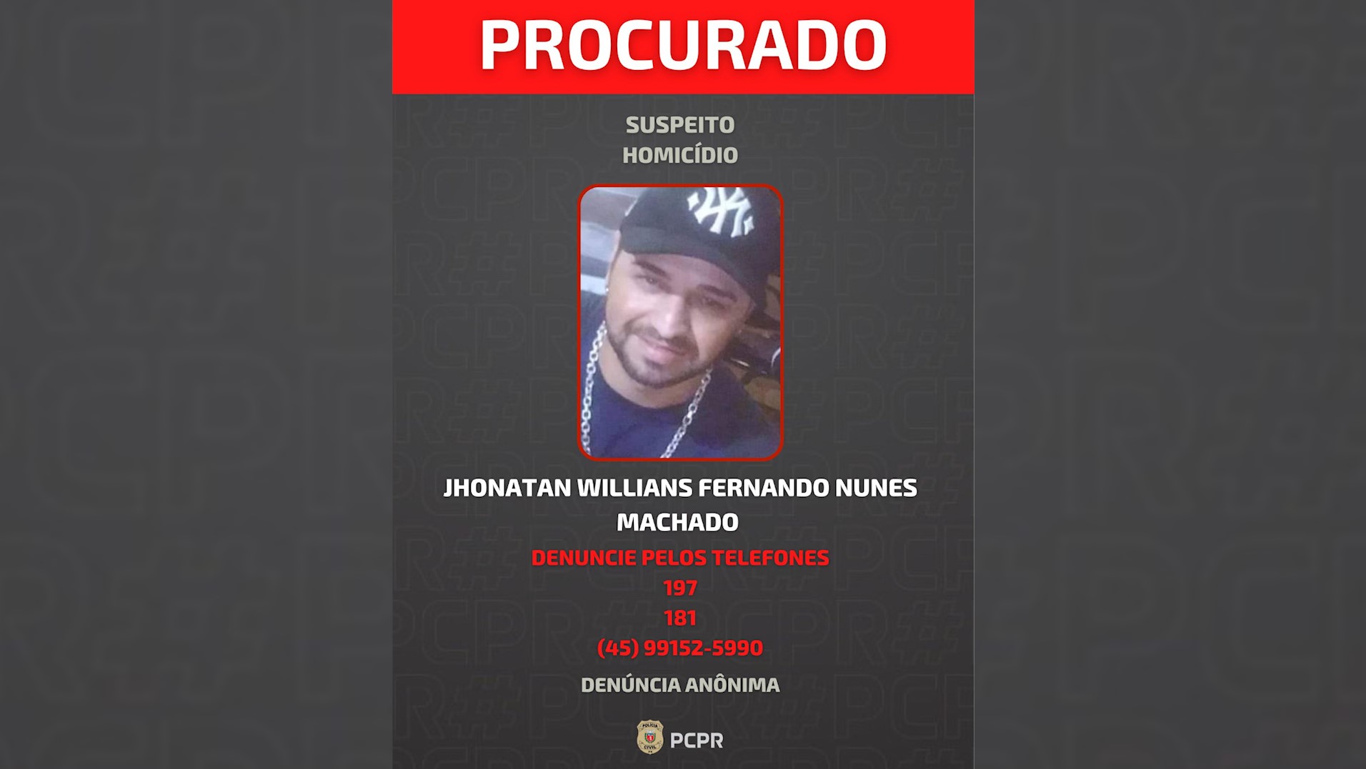 PCPR divulga foto de foragido pelo crime de homicídio ocorrido em Toledo
