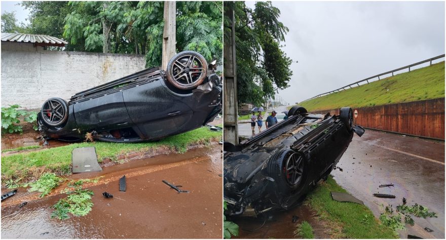 Aquaplanagem faz Mercedes capotar e descer barranco na BR-369