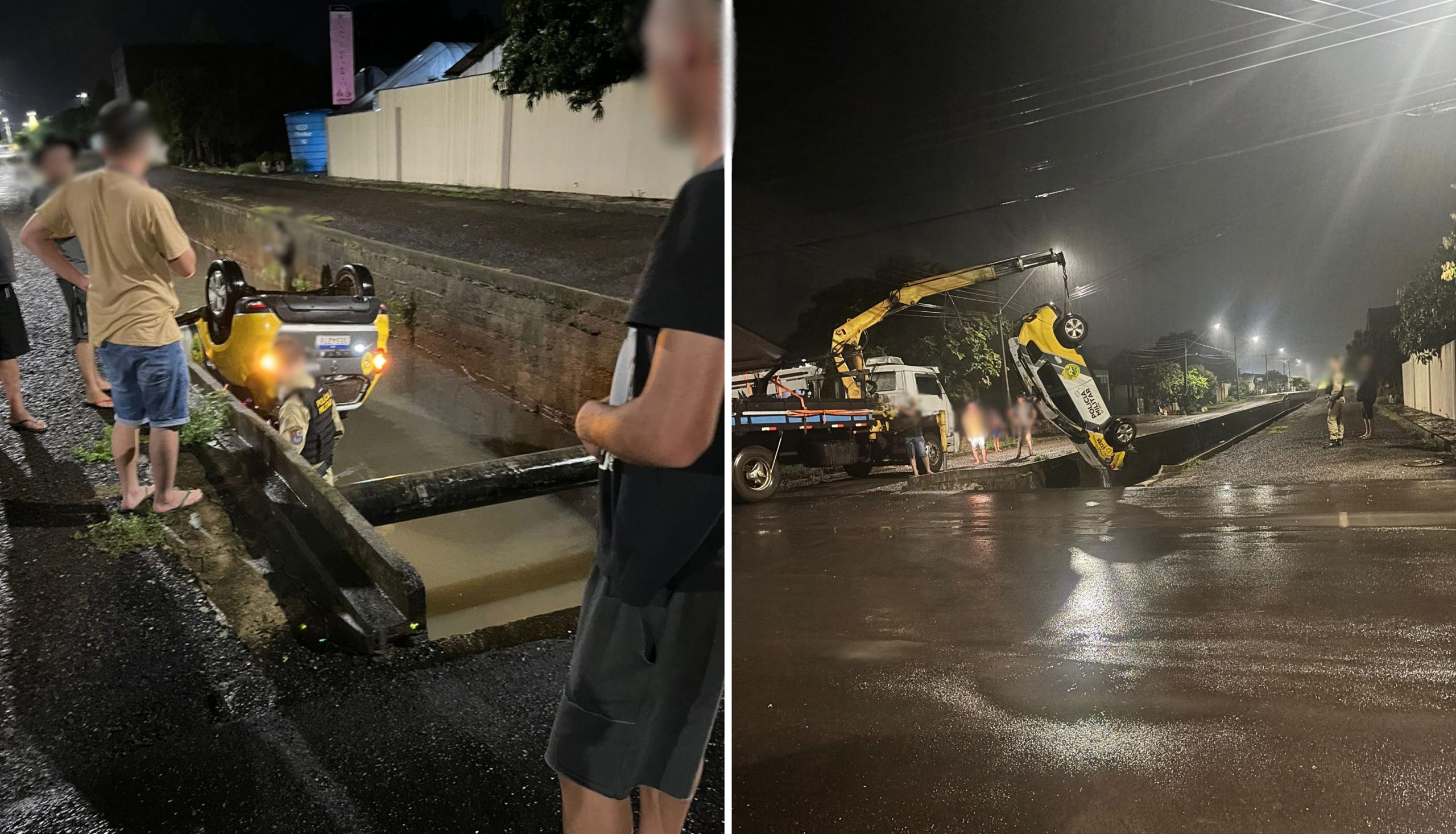 Viatura capota e cai em córrego durante perseguição a motociclista Imagem referente a Viatura capota e cai em córrego durante perseguição a motociclista