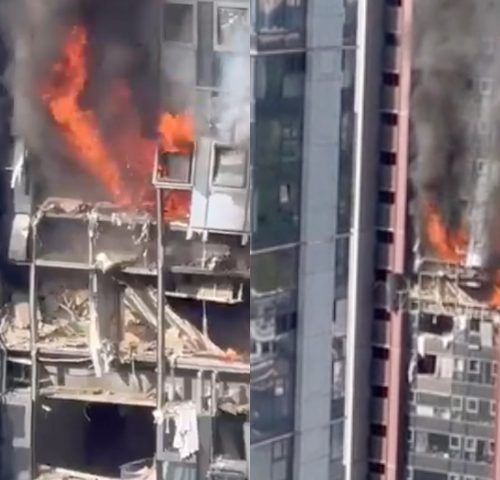 Imagem referente a Veja o momento em que mulher cai de apartamento em chamas no 27º andar