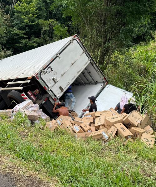 Imagem referente a Caminhão tomba na BR-277 em Nova Laranjeiras e carga é saqueada por indígenas