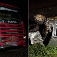 Imagem referente a Saveiro capota após ser atingido por caminhão na PR-182, casal sofre ferimentos moderados