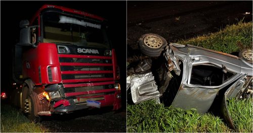 Imagem referente a Saveiro capota após ser atingido por caminhão na PR-182, casal sofre ferimentos moderados