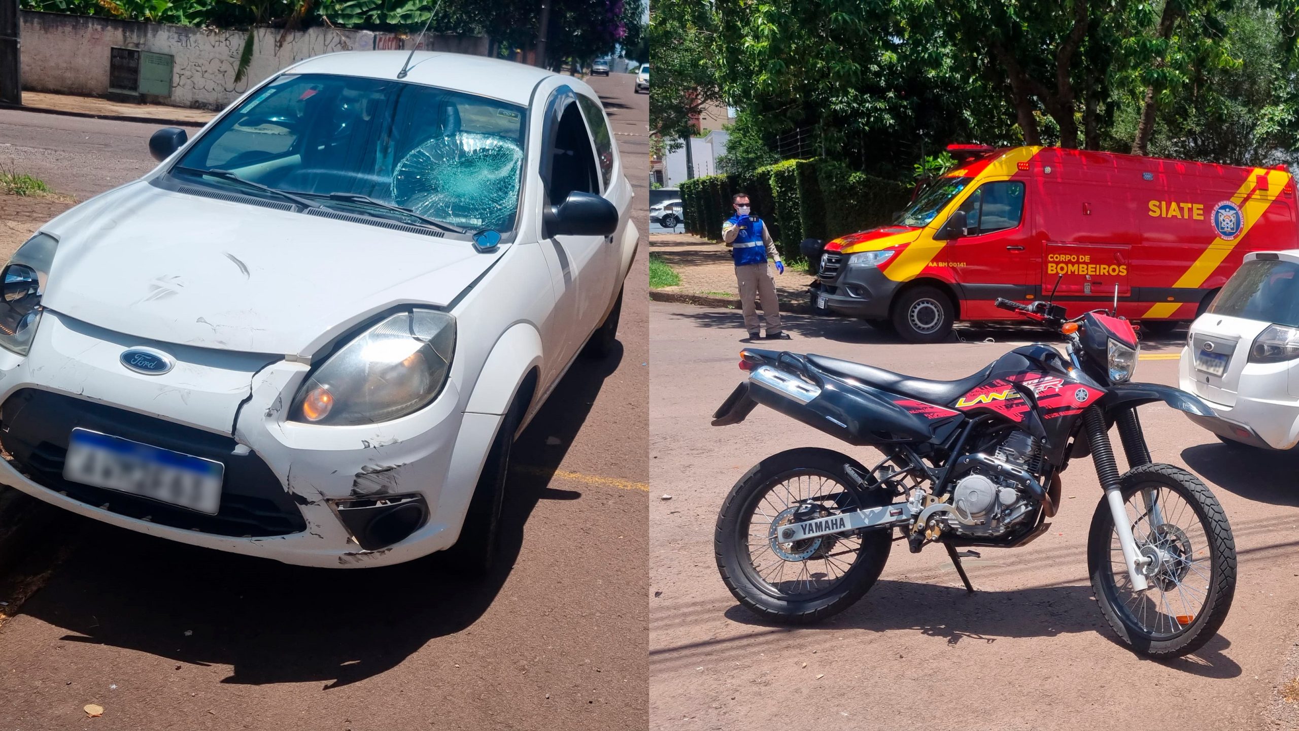 Siate é acionado após forte colisão entre Ford Ka e Moto Yamaha no Centro