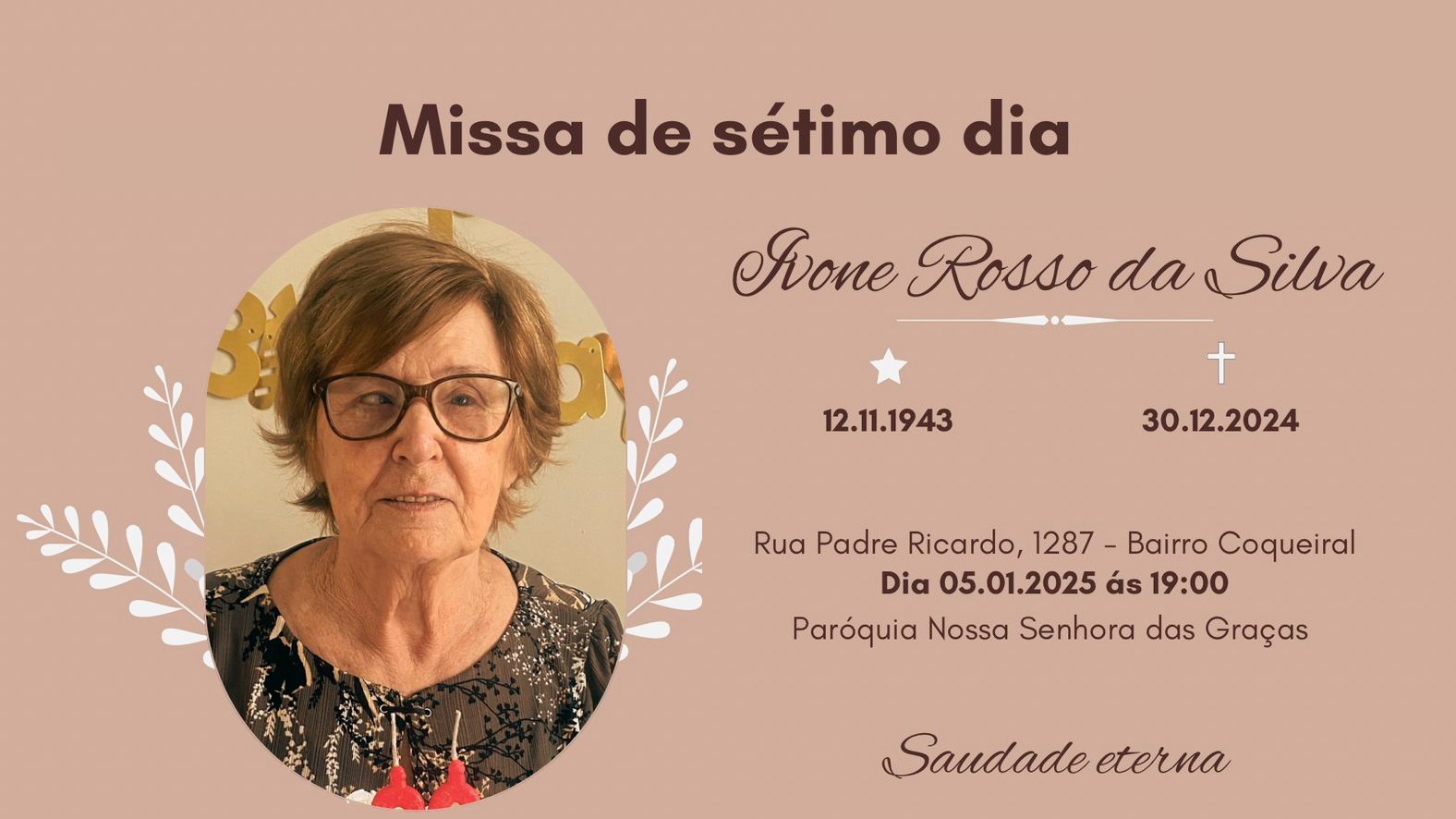 Missa de Sétimo Dia de Ivone Rosso da Silva será celebrada neste domingo