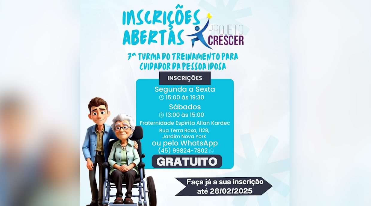 Projeto Crescer abre inscrições para curso gratuito de cuidador de idosos em Cascavel