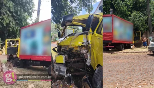 Imagem referente a Motorista escapa ileso após caminhão descer ladeira e colidir contra muro em Medianeira