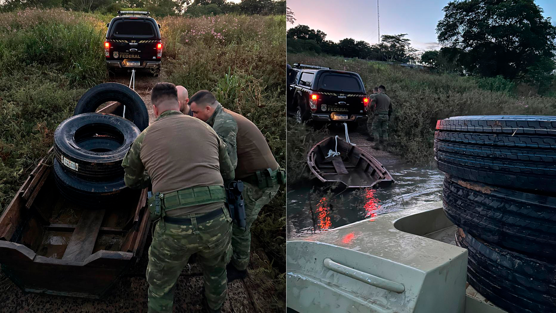 PF e PM apreendem pneus contrabandeados em barco o Rio Paraná