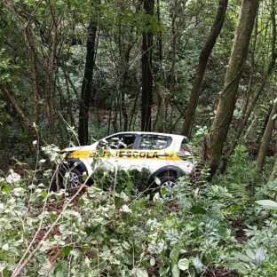 Imagem referente a Ladrão rouba carro de Auto Escola mas não sabe dirigir e carro acaba no mato