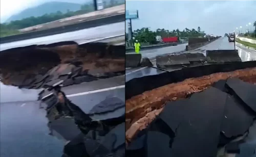 Imagem referente a BR-101 interditada: Fortes chuvas criam cratera na principal rodovia do litoral de Santa Catarina