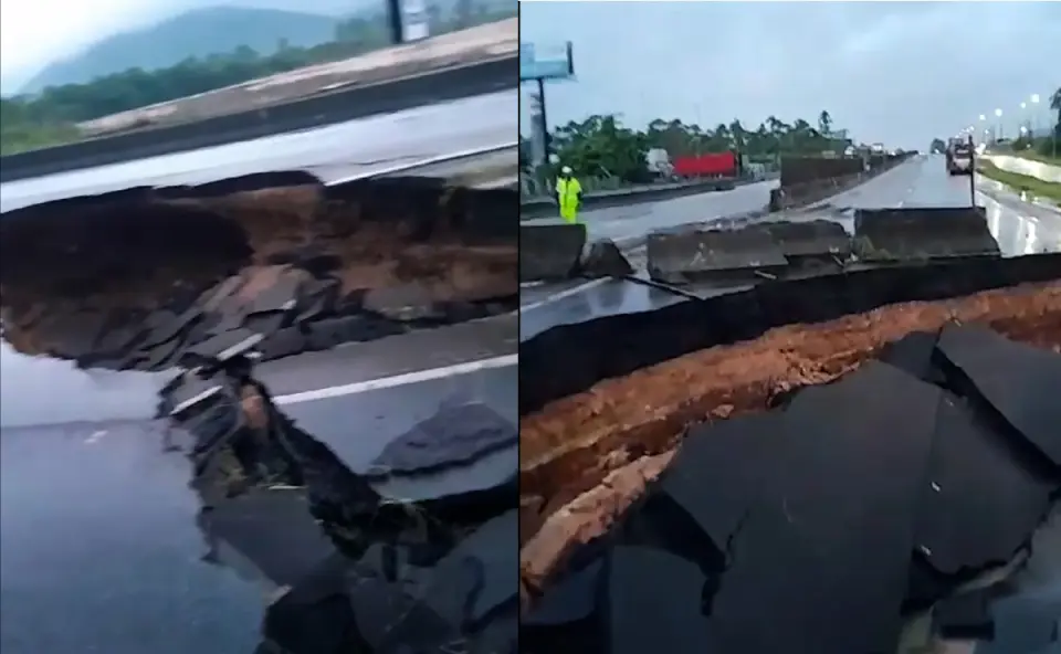 BR-101 interditada: Fortes chuvas criam cratera na principal rodovia do litoral de Santa Catarina