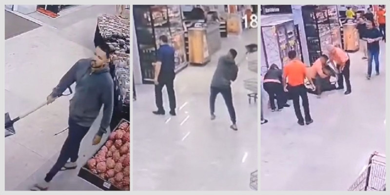 Câmeras de segurança registram gerente de supermercado sendo agredido com pá; veja vídeo