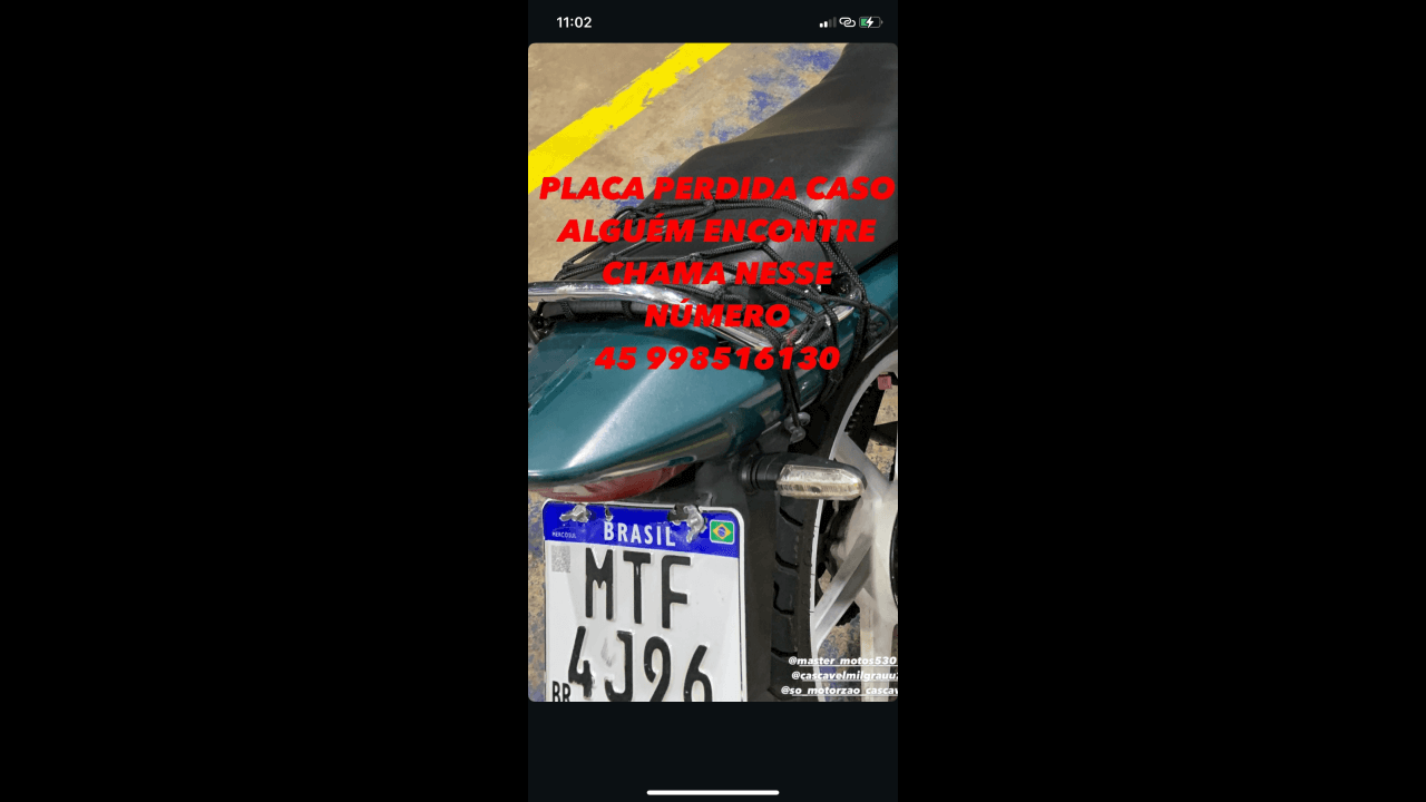 Foi perdido uma placa de Moto no bairro Centro