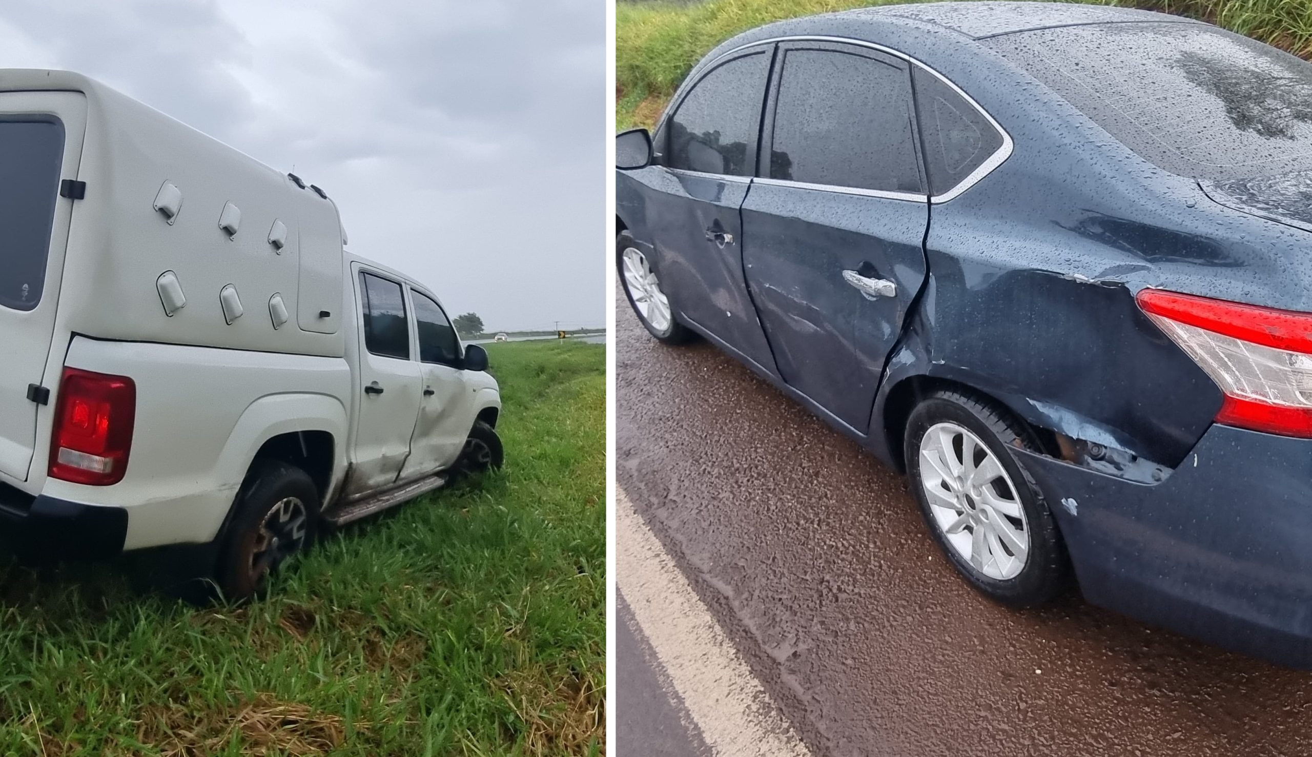 Amarok e Sentra colidem na BR-163, em Cascavel após aquaplanagem